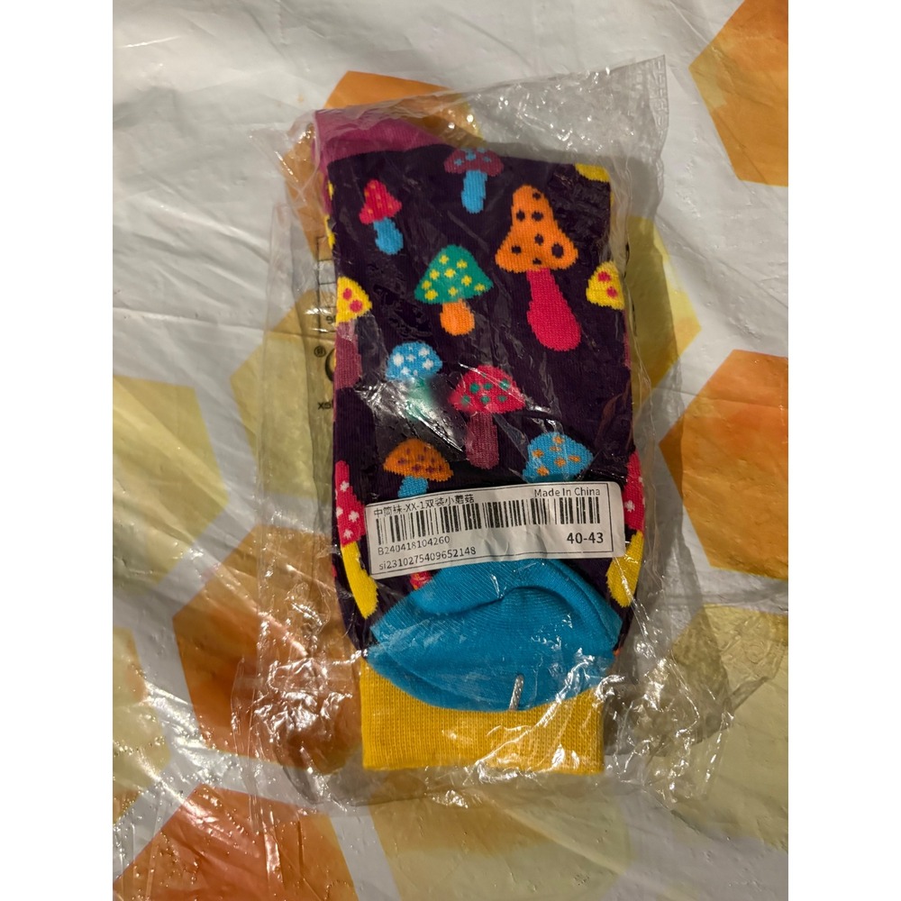 New Mushroom Print Crew Socks Colorful Novelty Pattern Purple Yellow Blue
